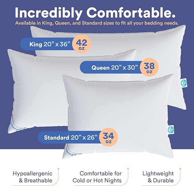 Continental Bedding 50/50 Down Feather Pillow, Fluffy Hotel Quality Side Sleeper Support, Breathable 300TC Cotton, RDS and Oeko TEX Certified
