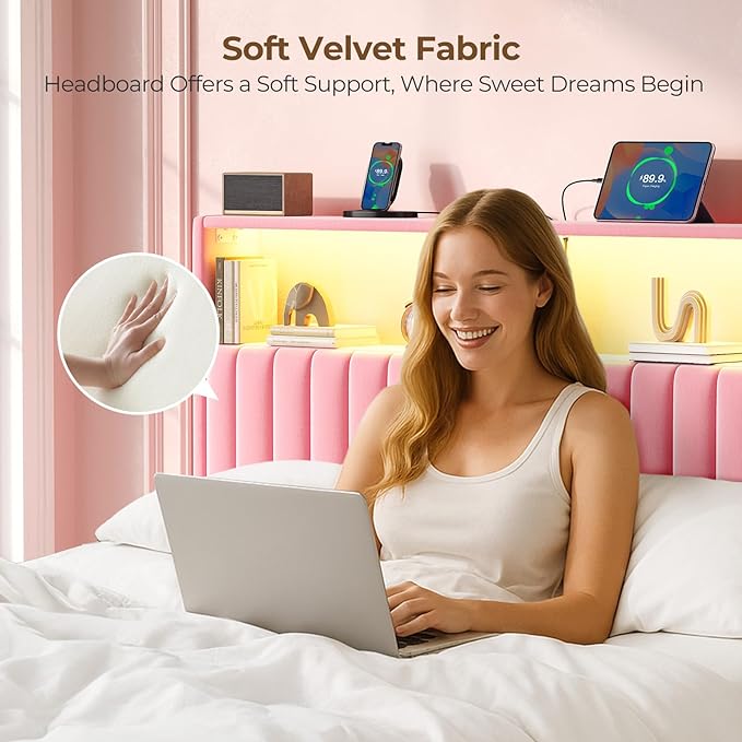 Rolanstar Headboard for Twin Size Bed with Storage, Head Board with USB & Type C Port, 60,000 DIY Color of LED Light, Velvet Upholstered, Height Adjustable, Sturdy, Easy Assembly, Pink