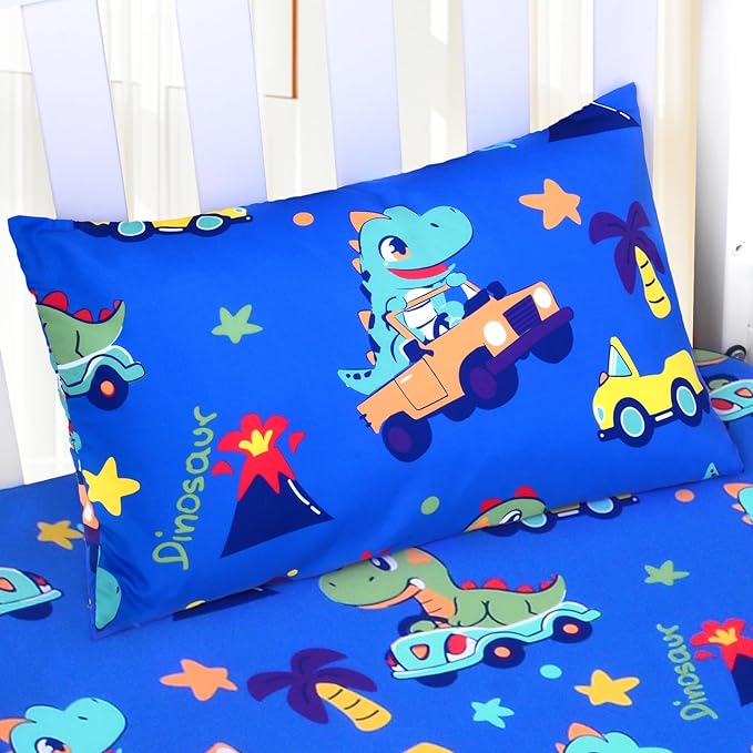 Cloele Kids Toddler Pillowcase Envelope Travel Pillowcase Baby Pillow Cover Fits Pillows Sized 12x16 or 13x18-1 Pack Soft Children’s Bedding Pillowslip Case for Boys and Girls - Car Dinosaur