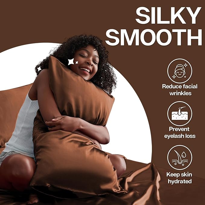 MR&HM Satin Pillowcase for Hair and Skin, Silk Satin Pillowcase 2 Pack, King Size Pillow Cases Set of 2, Silky Pillow Cover with Envelope Closure (20x36, Brown)