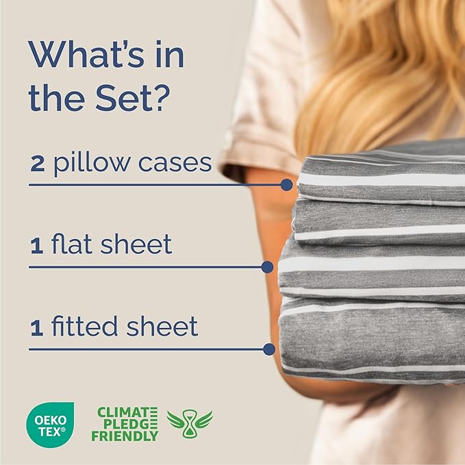 Cal King Size 4 Piece Sheet Set - Comfy Breathable & Cooling Sheets - Hotel Luxury Bed Sheets for Women & Men - Deep Pockets, Easy-Fit, Soft & Wrinkle Free Sheets - Grey Stripes Oeko-Tex Bed Sheet Set