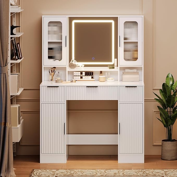 Garvee Vanity Desk with Mirror and Light, Modern Makeup Dressing Table with Adjustable 3 Colors Light, Vanities for Bedroom with 2 Glass Cabinets, 2 Large Cabinets, 3 Drawers & Storage Shelves, White