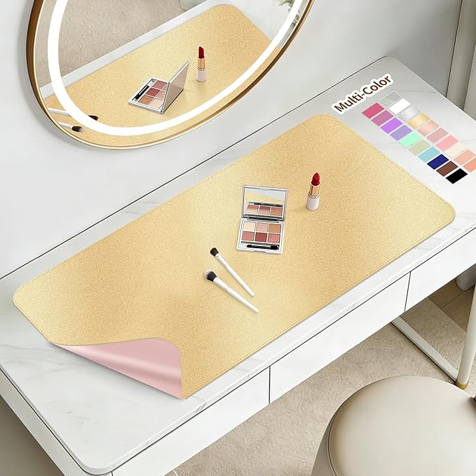 Makeup Mat for Vanity to Protect Desk Top 15.7 x 11.8in, Dual-Sided Makeup Mat, Easy to Clean Desk Pad - Waterproof and Oilproof Vanity Accessories (Gold and Pink)