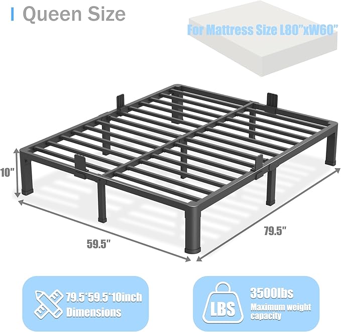 Yitong Angel 10 inch Queen Bed Frame with Round Corner Legs Mattress Slide Stopper,Low Profile Heavy Duty Metal Platform,Steel Slats Support,No Box Spring Needed,Easy Assembly,Noise Free