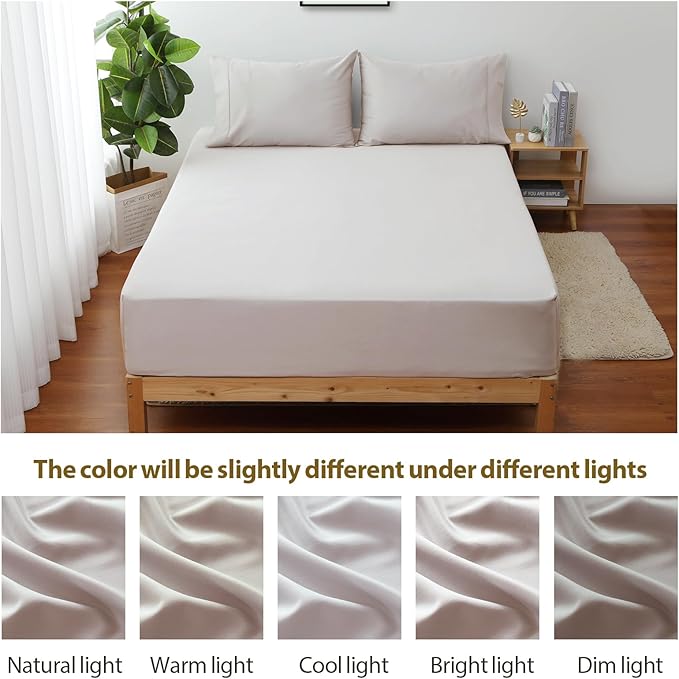 2-Pack Pure Cotton Fitted Sheet Queen Size, 600 Thread Count 16" Deep Pocket Egyptian Cotton Fitted Sheet (2pcs, Queen, Light Beige)