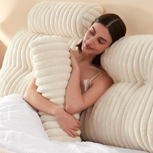 Rycwola Faux Fur Headboard Pillow with 2 Pack Neck Roll Pillow Large Headboard Pillow Soft and Supportive with Removable Cover (Beige, Full)
