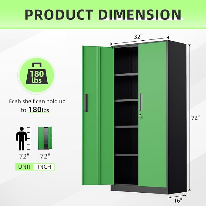 INTERGREAT Metal Storage Cabinet, Garage Steel Locking Cabinets with Doors and 4 Adjustable Shelves, Tall Lockable File Tool Cabinets for Home Office, Classroom Cabinet Basement, Black-Green