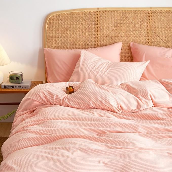 Wake In Cloud - Striped Cotton Duvet Cover Set, 100% Washed Cotton Textured Percale Bedding Set, Ticking Stripe Pinstripe Farmhouse, 3 Pieces, Light Pink, Queen Size