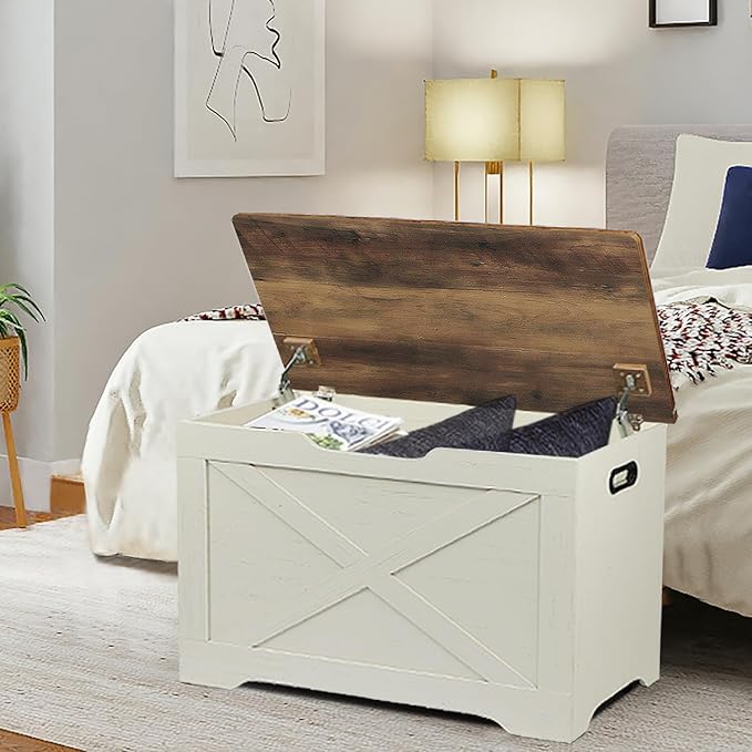 Timberer Storage Chest, Wooden Storage Bench, Entryway Shoes Bench with 2 Safety Hinges, for Living Room, Bedroom, 15.7 x 31.5 x 18.9 Inches, Brown and Rustic White