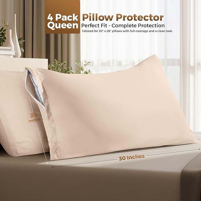 Utopia Bedding 4 Pack Pillow Protectors with Zipper Queen Size, Soft Brushed Microfiber Fabric Pillow Cases, Shrinkage and Fade Resistant Pillow Covers (Beige)