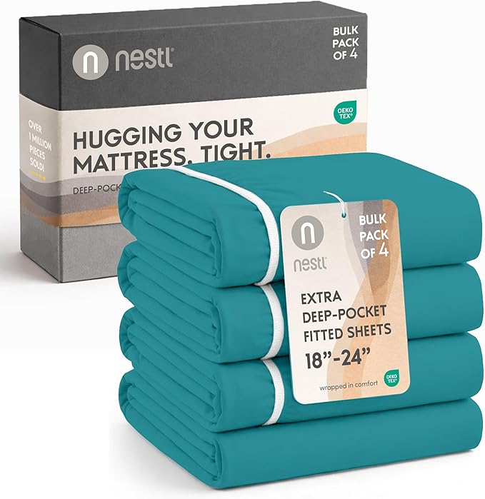 Nestl 4 Pack Teal Fitted Sheet Extra Deep Pocket, Hotel Luxury TwinFitted Sheet Only Easily Fits 18 to 24 Inch Mattress, Super Soft, Wrinkle-Free and Breathable with Corner Straps