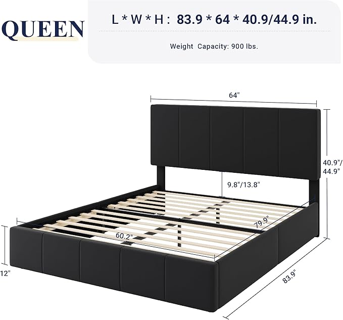 Allewie Queen Size Dutch Velvet Upholstered Platform Bed Frame/Vertical Channel Tufted Adjustable Headboard/Low Profile Bed Frame/No Box Spring Needed/Easy Assembly/Black