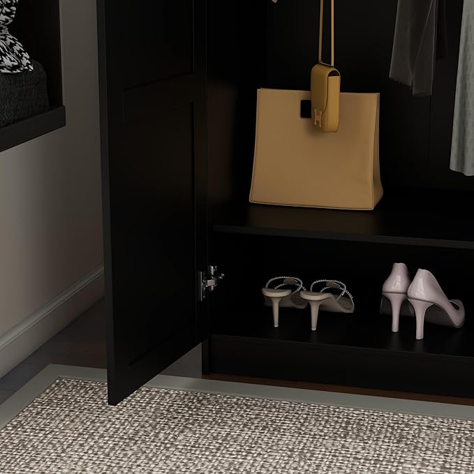 Panana Modern 2 Door Wardrobe Bedroom Armoires Closet Clothing Storage Cupboard with 2 Shelves & Hanging Rod for Bedroom (Black)
