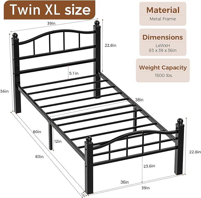 Twin XL Bed Frame, Noise-Free Design & Underbed Storage Heavy Duty Metal Bed Frames with Headboard No Box Spring Needed/Tool-Free Assembly