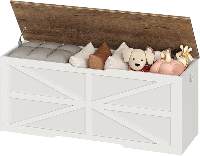 CHOEZON Storage Chest, 47.2" Wooden Storage Trunk, Modern Storage Bench with Safety Hinge, Toy Box, Farmhouse Style, for Bedroom, Living Room, Walnut and White MCW16WL