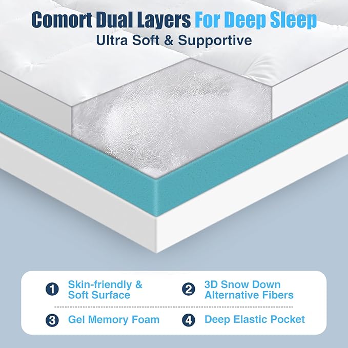 4 Inch Dual Layer Mattress Topper Queen Size, 2 Inch Cooling Gel Memory Foam and 2 Inch Down Alternative Pillow Top Pad for Back Pain, with 8-21 Inch Deep Pocket