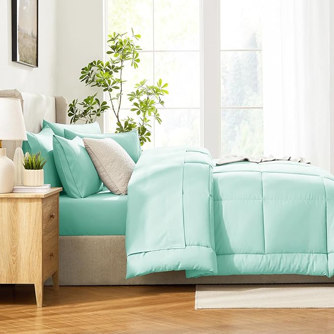 CozyLux Queen Comforter Set Mint Green, 7 Pieces Bed in a Bag, Green Comforters Queen Size, All Season Bedding Sets with Stitch Quilted Comforter, Flat Sheet, Fitted Sheet, Pillowcases