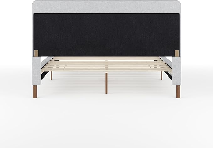 Martha Stewart Britta Platform Bed with Headboard & Footboard, Faux Linen Upholstery with Piping Detail, Rounded Headboard, No Box Spring Needed, Queen, Gray