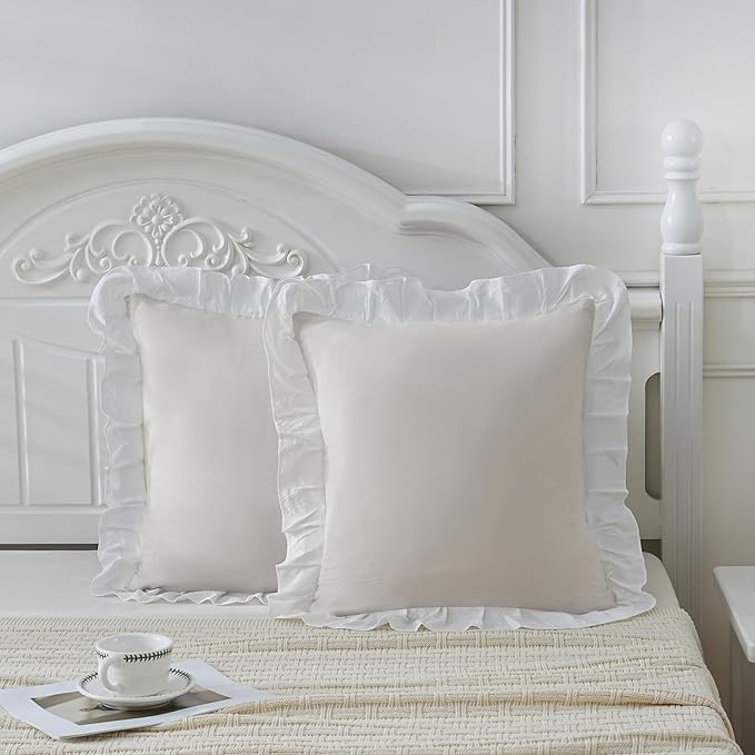Merryword Beige and White Reversible Pillowcases 18x18 Throw Pillow Covers Pack of 2 Soft Microfiber Ruffle Decorative Pillowcase Cushion for Couch Sofa Bedroom