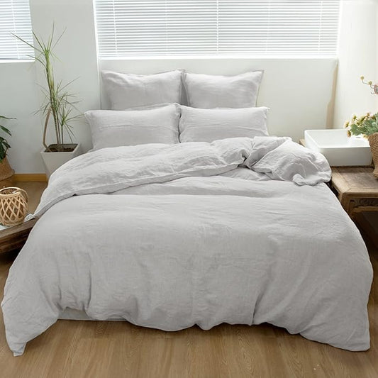 Simple&Opulence 100% Linen Duvet Cover Set 2pcs Basic Style Natural French Washed Flax Solid Color Soft Breathable Farmhouse Bedding with Button Closure - Light Grey, Twin