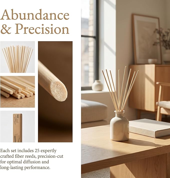VFULIE 25 Pack Reed Diffuser Sticks, 10 Inch Natural Wood Fiber Diffuser Refills, Premium Replacement Sticks for Essential Oils Aromatherapy Home Fragrance for Bedroom Bathroom Office Spa