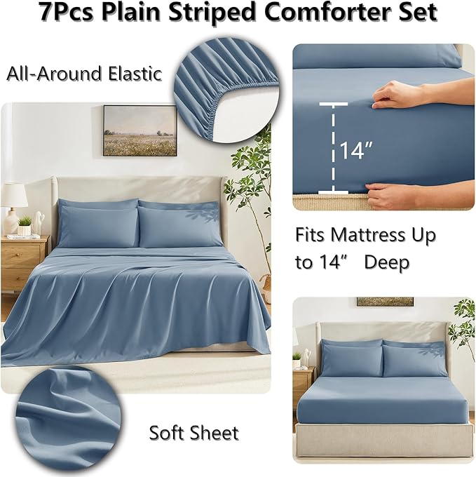 CozyLux California King Comforter Sets Dusty Blue, 7 Pieces Cal King Bed in a Bag, All Season Bedding Sets with Stitch Quilted Comforter, Flat Sheet, Fitted Sheet, Pillowcases