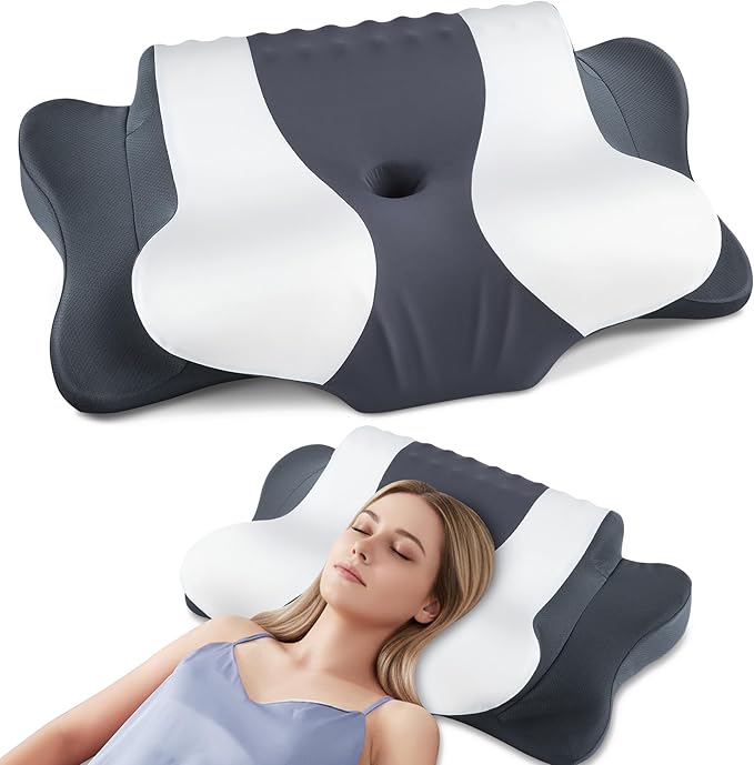 Cervical Neck Pillow for Pain Relief,Cervical Pillow with Memory Foam Ergonomic Pillows with Dual Heights for Back,Stomach and Side Sleepers Kids' Floor Pillows Cushions (Grey White, Standard 27"×16")