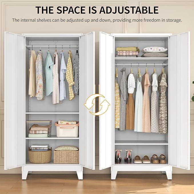 72" Tall Metal Armoire Wardrobe Closet - Large Clothing Storage Cabinet with 1 Hanging Rod,2 Adjustable Shelves & 2 Doors - Closet Organizer for Bedroom,Office, Laundry Room, Garage - White