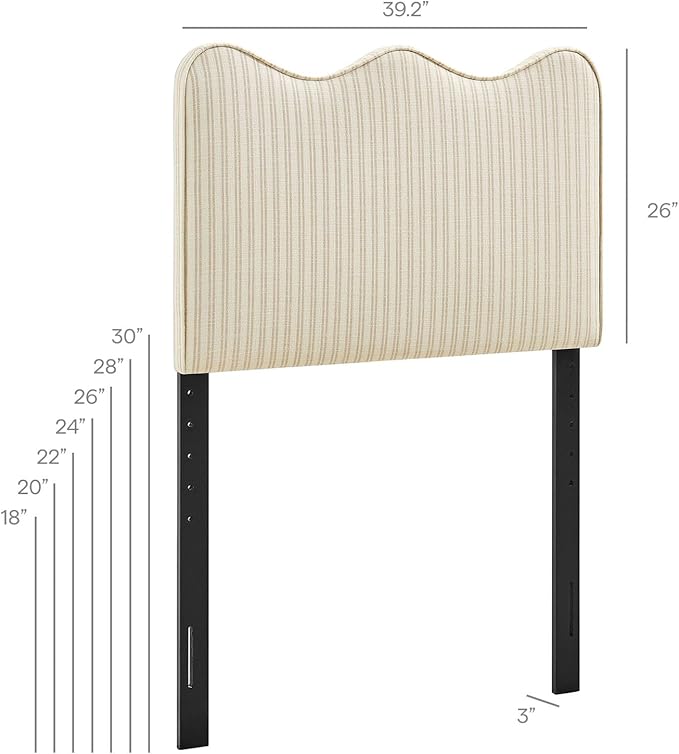 Monday Athena Striped Fabric Upholstered Twin Size Adjustable Headboard in Oatmeal Stripe - with Scalloped Wave Design and Soft Linen-Like Fabric
