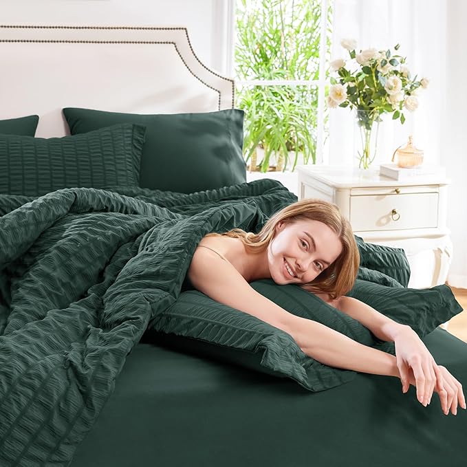 CozyLux Queen Comforter Set Forest Green Seersucker 7 Pieces Bed in a Bag Queen Comforter Set with Sheets, Luxury Bedding Sets with Down Alternative Comforter, Sheets, Pillowcases & Shams All Season