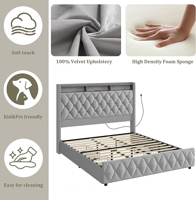 GarveeHome King Size Bed Frame with 50.8" Tall Headboard, Platform Velvet Upholstered Bed Frame with 4 Storage Drawers, USB Charging Station, Led Lights, No Box Spring Needed, Easy Assembly, Dark Grey