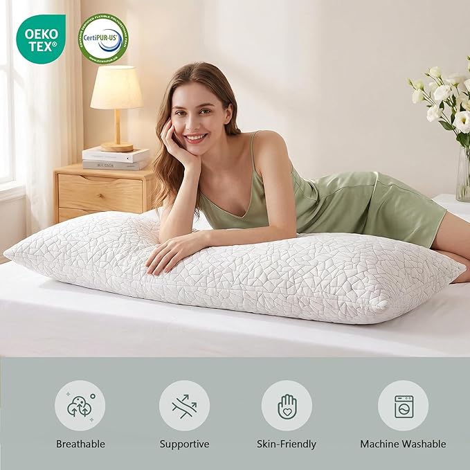 BPC Premium Rayon Derived from Bamboo Firm Body Pillow - Hypoallergenic Shredded Memory Foam Body Pillow with Removable Cover Long Pillow for Side Stomach and Back Sleepers, CertiPUR-US