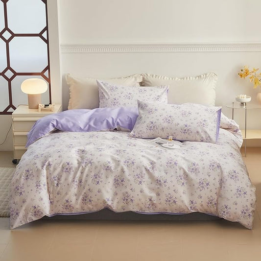 VM VOUGEMARKET Girls Duvet Cover with Purple Flower 100% Cotton Elegant Lavender Floral Bedding Set Queen Cottagecore Comforter Cover Set
