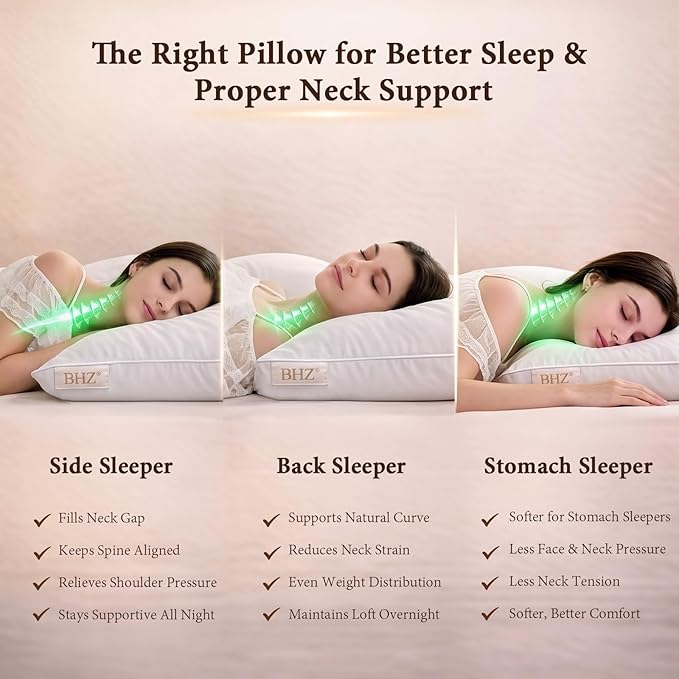 BHZ Goose Down Feather Pillows Queen Size Set of 2, Hotel Collection Bed Pillows for Sleeping Medium Firm Soft Support Pillow for Side and Back Sleepers