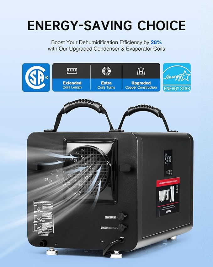 CREWORKS 145 PPD Crawl Space Dehumidifier, Commercial Dehumidifier for Basement with Built-in Hose, Professional Crawl Space Dehumidification with Auto Defrost & Detachable Display