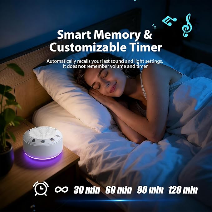 S318 Sound Machine, White Noise Sound Machine for Sleep, Baby, Kids, Adults, Home, Office, Travel, Portable, 25 Non-Looping Sounds, 11-Color Night Light, Memory & Timer, BT5.3, Rechargeable