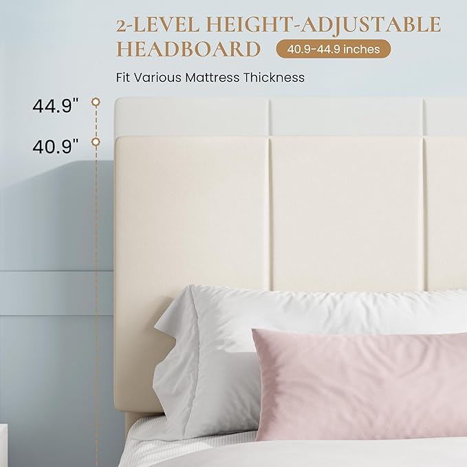 SHA CERLIN Queen Bed Frame, Dutch Velvet Upholstered Platform Bed, Vertical Channel Tufted Adjustable Headboard, Low Profile Bed Frame, No Box Spring Needed, Easy Assembly, Cream