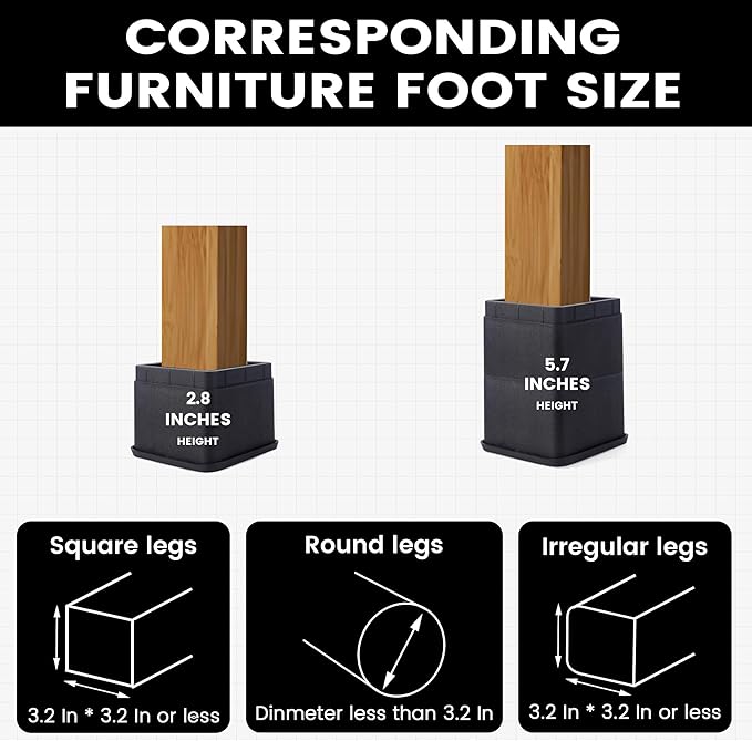 BTSD-home Adjustable Bed Risers 3 or 6 Inch - Heavy Duty Furniture Lifter Set of 4, Supports 2,200 lbs - for Under Bed Storage, Dorm, Bed Frame, Sofa, Table, Chair, Desk - Black