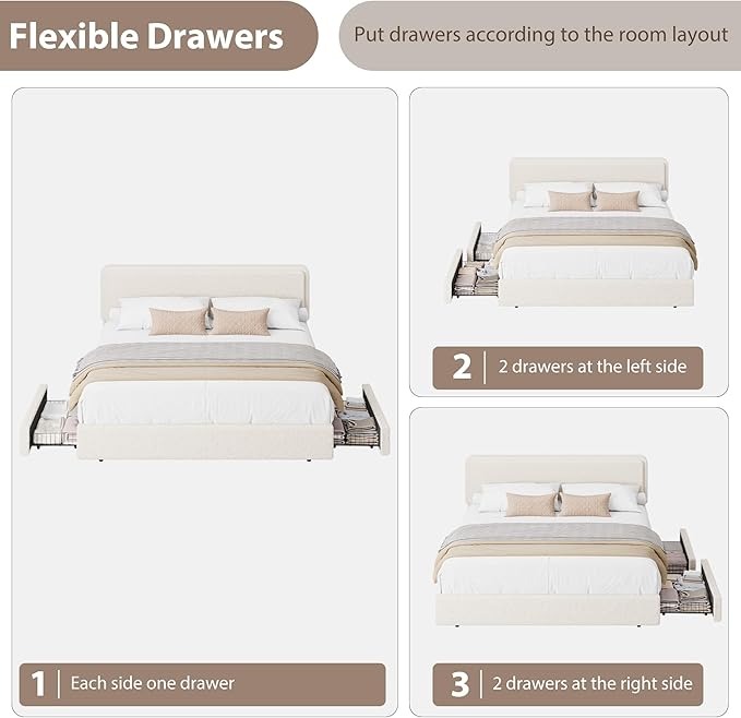 Garvee King Size Teddy Fleece Bed Frame, Upholstered Platform Bed with 2 Storage Drawers, Height Adjustable Cloud Headboard, Thick Soft Teddy Fabric Bed, Modern Style, No Box Spring Required, Cream