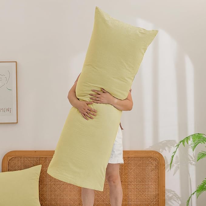 BESTOUCH 100% Washed Cotton Pillowcase for Hair and Skin Linen Feel Soft Comfortable Breathable 1 Pcs Pillow Case with Envelope Closure Solid Light Yellow Body 20x54 Inches