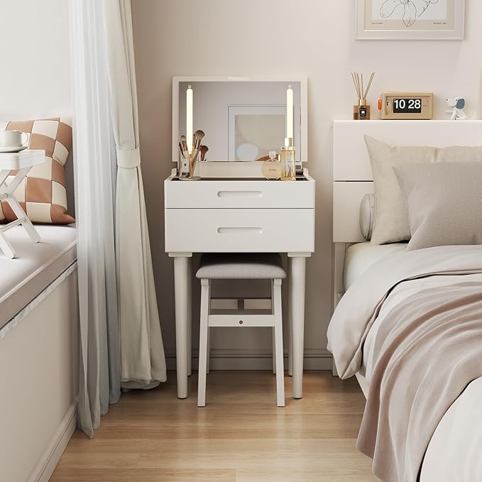 Muwuele Solid Wood Small Vanity Desk with Mirror and Lights, Narrow Makeup Vanity for Small Space, Flip Top Vanity Side Table, 3 Color Modes & Adjustable Brightness, 19.6" Slim Dressing Table, White