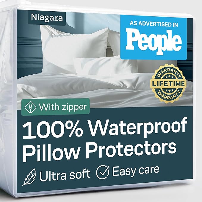 Niagara 12 Pack Waterproof Pillow Protectors Queen 20x30 Inches Smooth Zipper Premium Encasement Covers Quiet Cases Set White