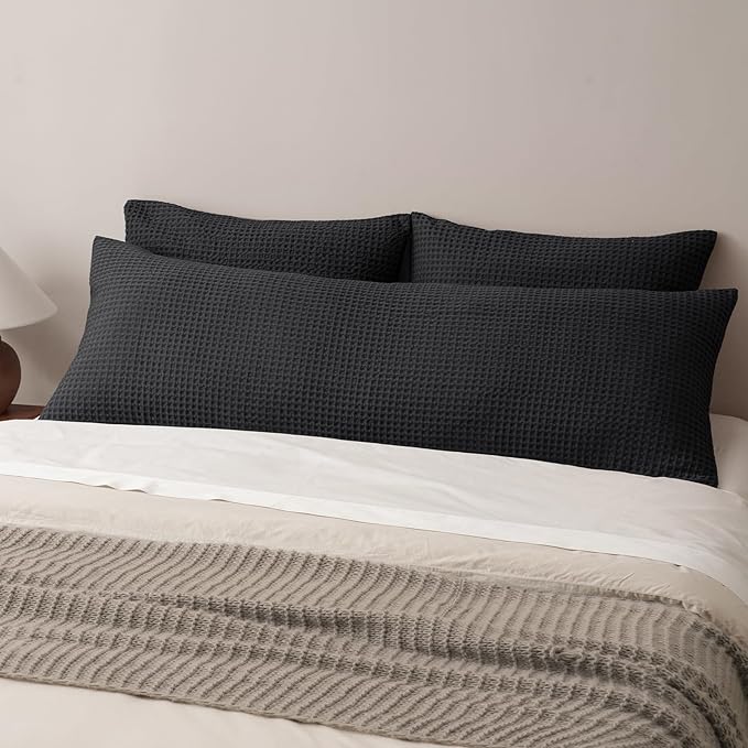PHF Ultra Soft Waffle Weave Body Pillowcase with Zipper, No Insert, 1Pack 20" x 54" Pillow Sham, Breathable & Skin-Friendly Body Pillow case, Stylish Decorative Bed Pillow Cover, Black