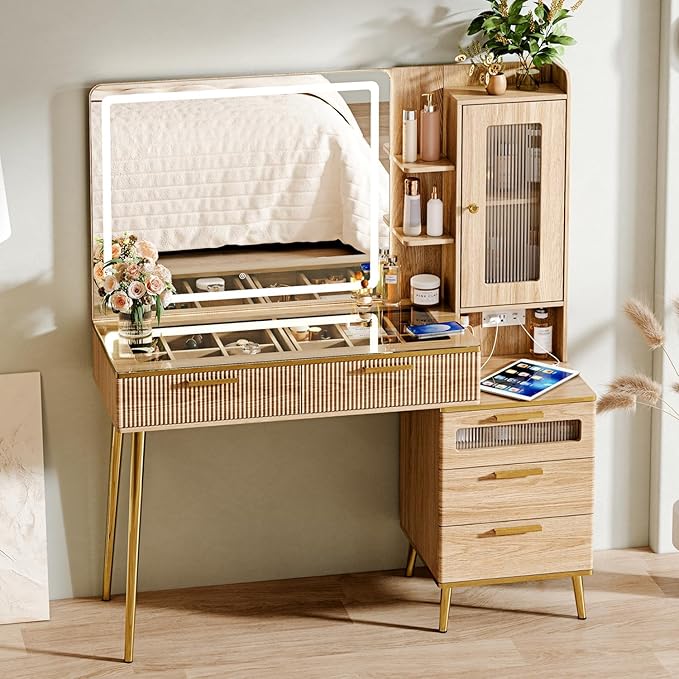 Arulvmrn Vanity Desk with 29.53" HD Lighted Mirror, 47.24" Big Modern Vanity Desk with Mirror and Lights, Makeup Vanity with 5 Drawers and Storage Shelves and Charging Station, Oak