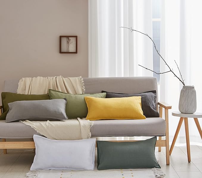 Simple&Opulence 100% Linen Lumbar Pillow Cover 12 x 20 Inches Set of 2 Rectangular Decorative Throw Cushion Cover for Couch Sofa Bed Living Room Office Soft Breathable Farmhouse - Cushing Green