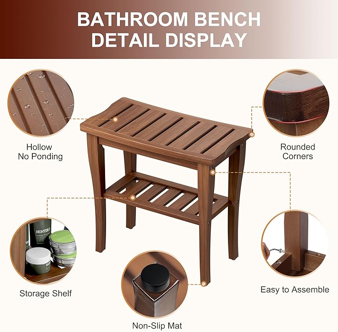Bamboo Shower Bench Stool with Storage Shelf, Waterproof Shower Chair Spa Bath Seat, Shower Stool for Inside, Bathroom Bench Seat for Adults Elderly Seniors for Indoor or Outdoor Use(Walnut)