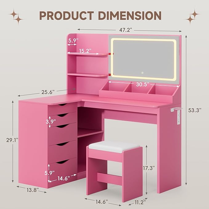Furmax Vanity Desk with Mirror, L Shape Vanity, LED Lighted Mirror, with Power Outlet and 3 Storage Shelves, Makeup Table with 5 Drawers, 3 Color Modes, for Bedroom(Pink)