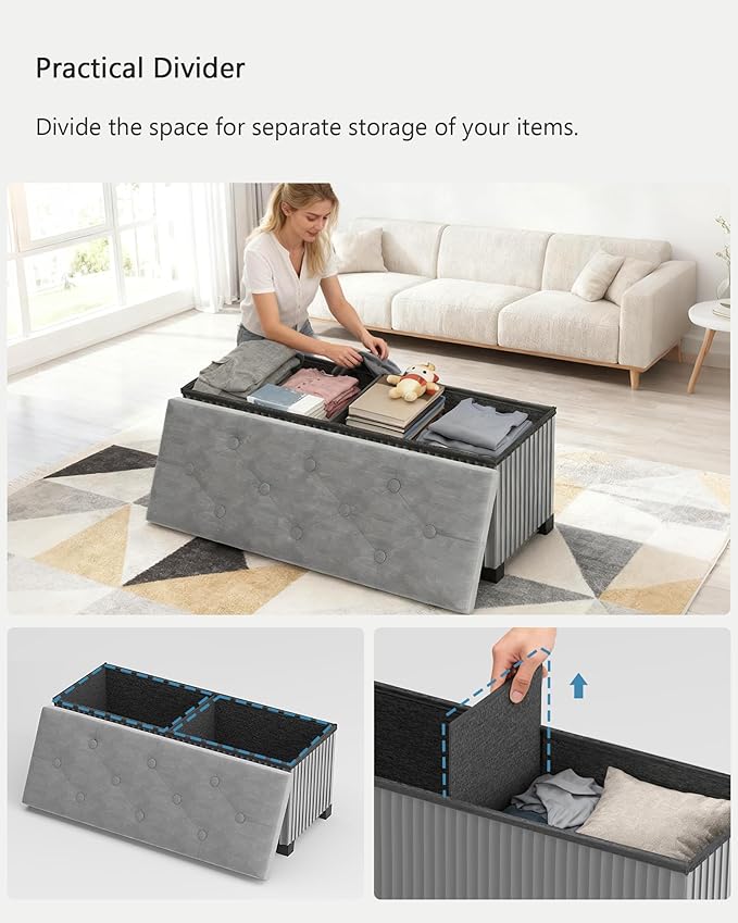 LITZFUR Storage Ottoman Bench, 43 Inch Foldable Ottoman with Legs, Velvet Foot Rest Stool, End of Bed Bench, Storage Chest for Living Room, Bedroom (Grey)