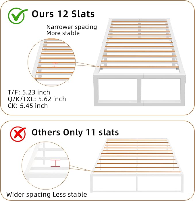 Twin Bed Frames, 14 Inch Metal Platform Bed Frame with Squeak Free U-Slot Design, 6 Non-Slip Guards, 3500lbs Heavy Duty Steel Slat Support, No Box Spring Needed, Under Bed Storage, White