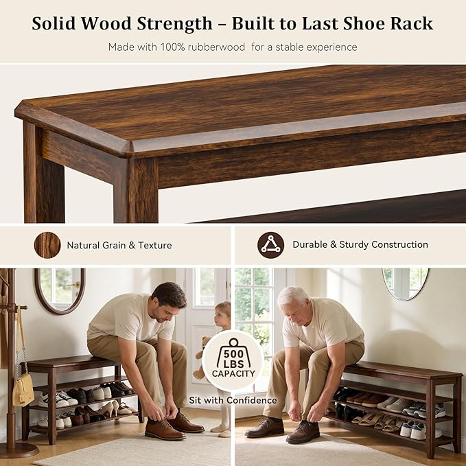 Taitiy Shoe Rack Bench with Rubberwood Flat Top and 3 Adjustable Shelves – Wooden Shoe Rack for Entryway, Hallway, Mudroom, Front Door, or Small Spaces